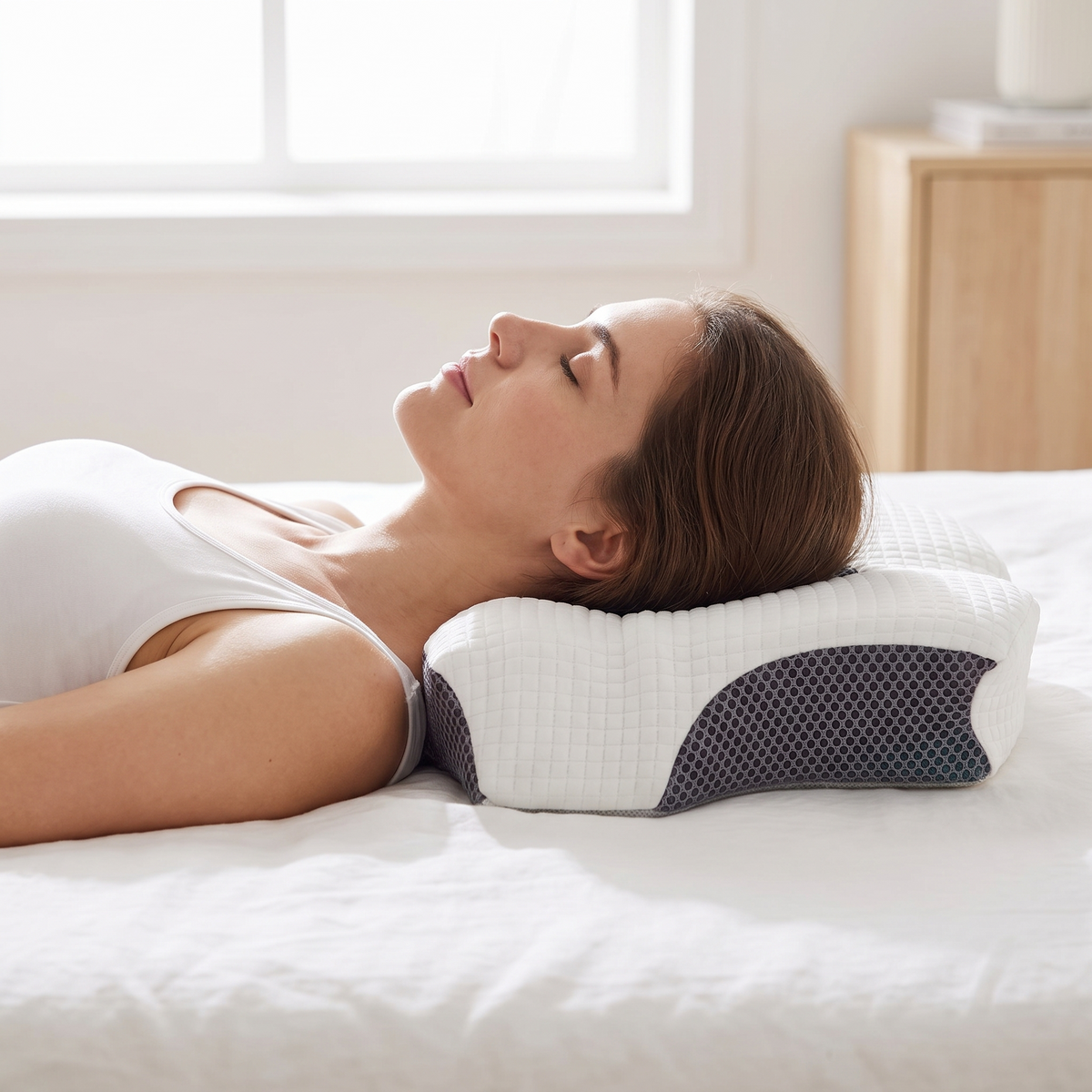 Woman sleeping on her side with her head and neck supported in the contour of the ELT CloudForm cervical pillow