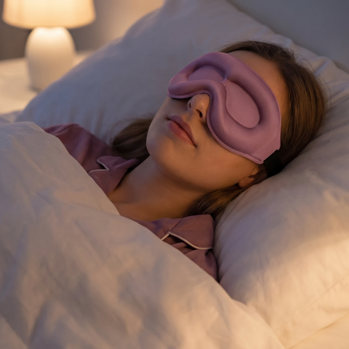 Woman asleep wearing the ELT Eclipse 3D blackout sleep mask, the contoured domes sitting clear of her eyelids