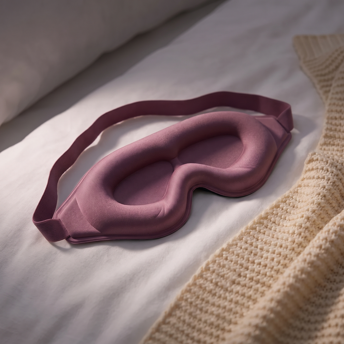 ELT Eclipse 3D blackout sleep mask resting on white linen bedding beside a folded knit throw